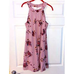 Pink and white floral/striped tank minidress